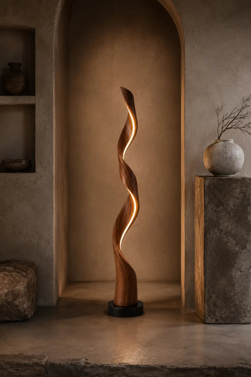 Handcrafted Spiral Wooden Floor Lamp With Warm LED Light For Modern Living Rooms And Luxury Interiors