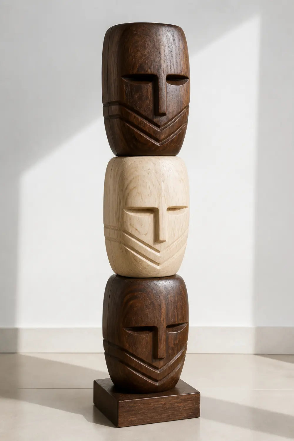Large African Tribal Wood Sculpture With Abstract Human Faces For Modern Home Decor