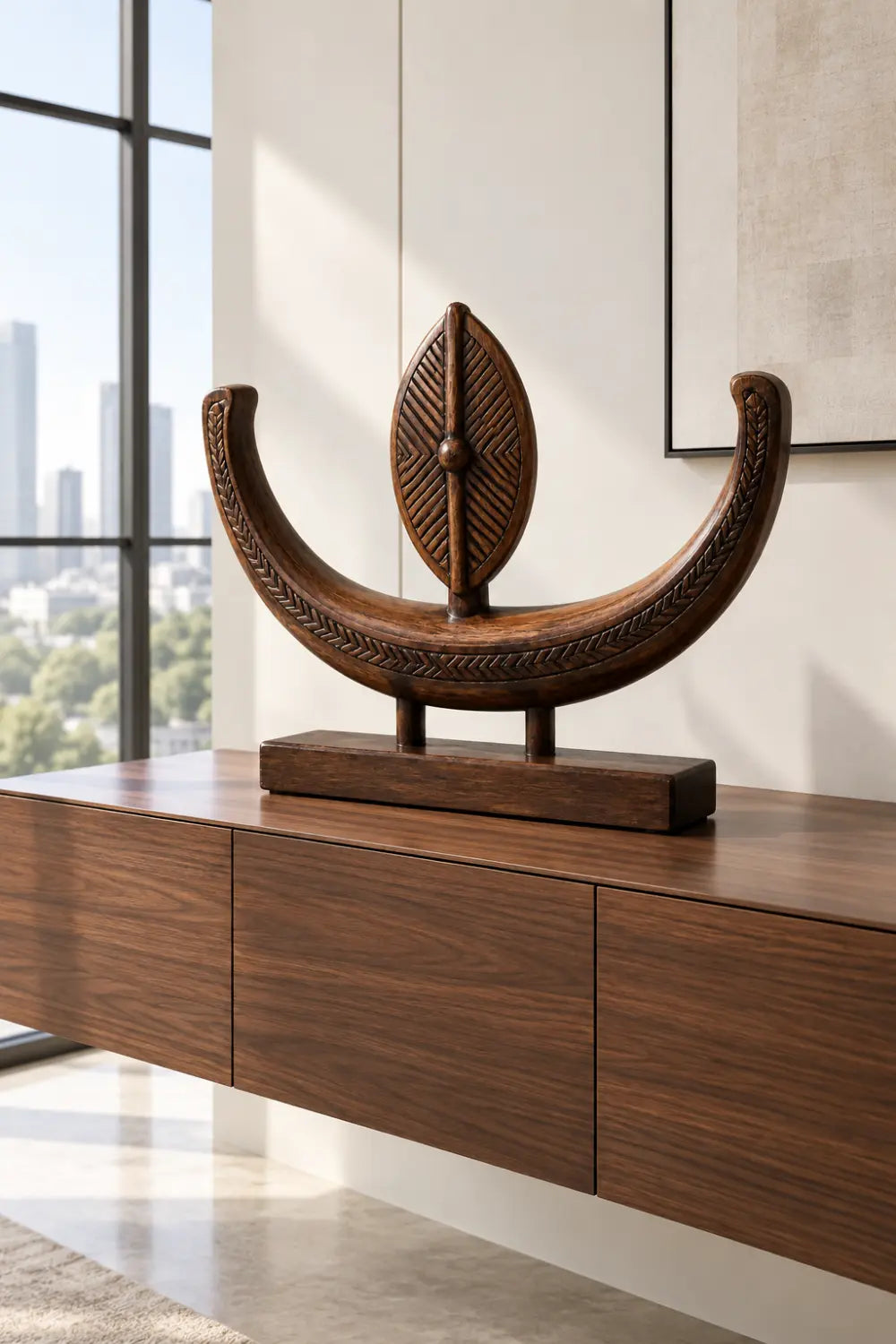 Abstract Wooden Desktop Sculpture Minimalist Tribal Art For Office Or Living Room Display