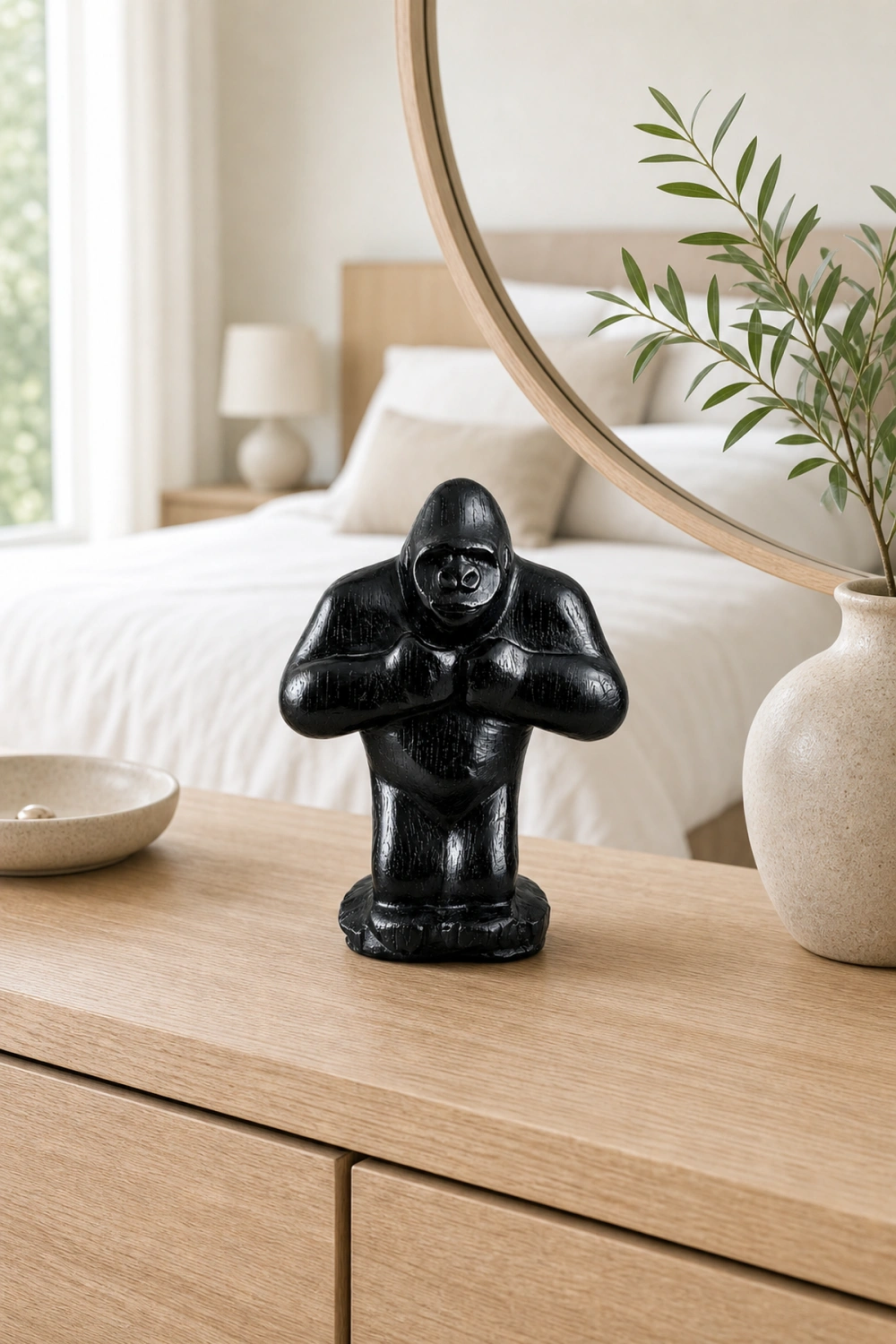 Hand Carved Gorilla Wood Sculpture - Modern Animal Desk Decor For Home Office