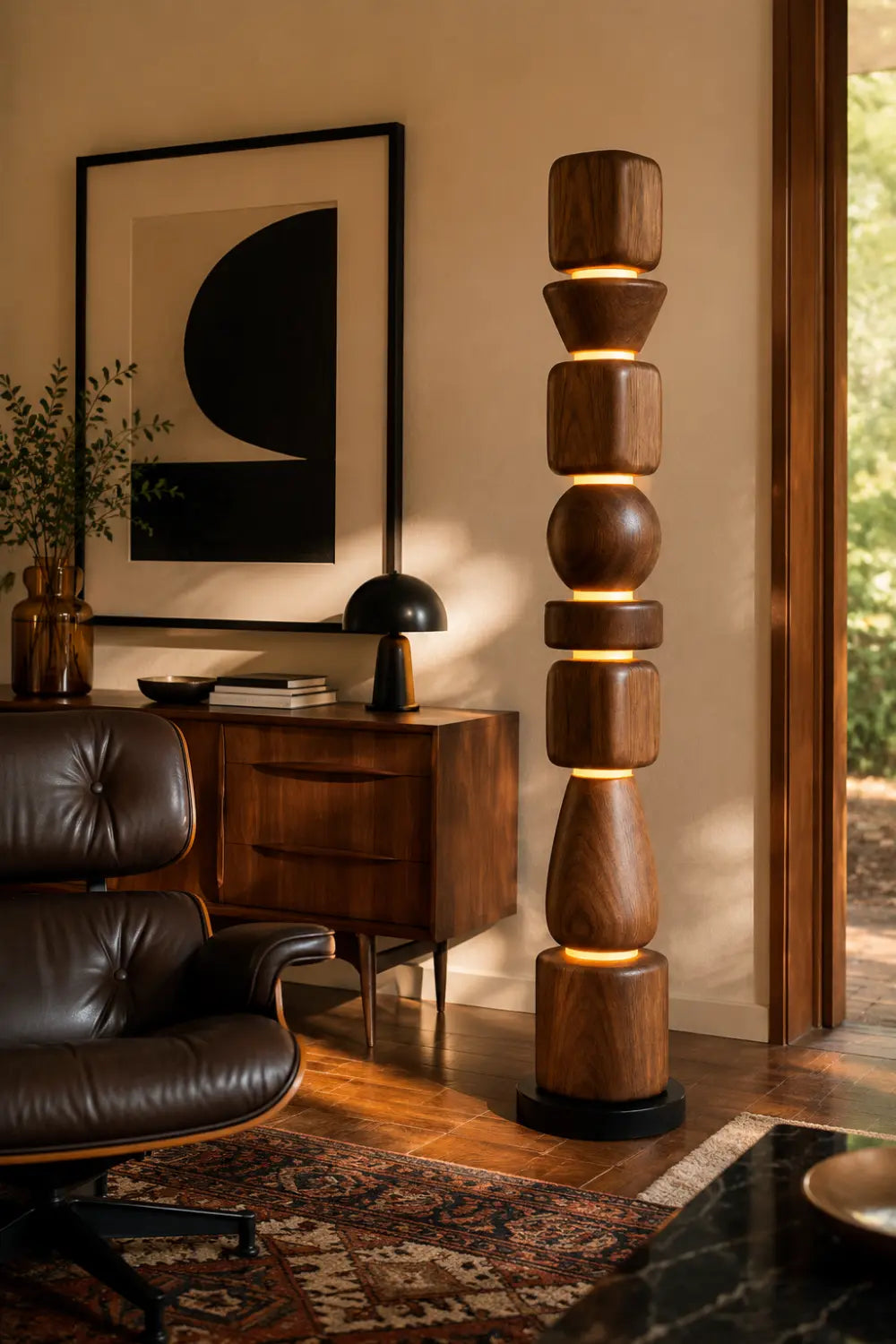 Sculptural Wooden Lamp Abstract Geometric Totem Style Lighting Fixture For Luxury Home Interiors
