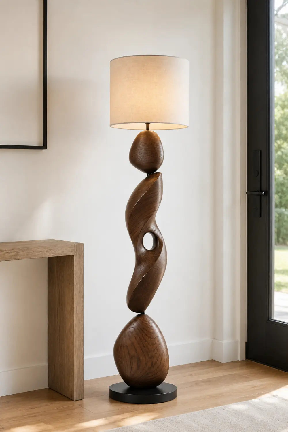 Sculptural Spiral Wood Floor Lamp Modern Abstract Walnut Design For Living Room