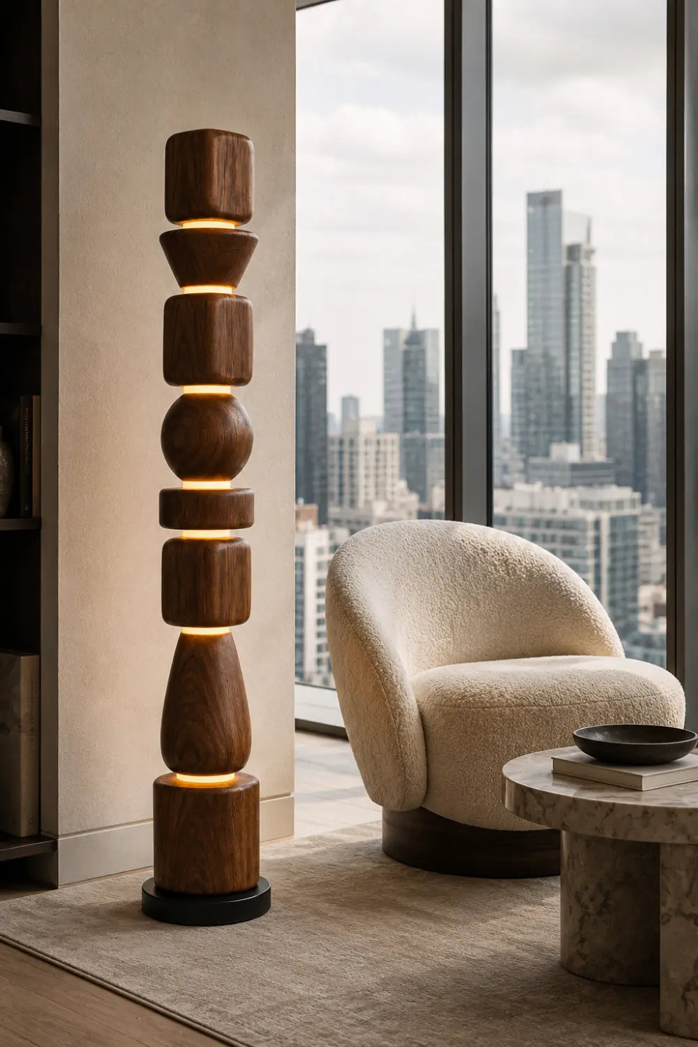 Sculptural Wooden Lamp Abstract Geometric Totem Style Lighting Fixture For Luxury Home Interiors