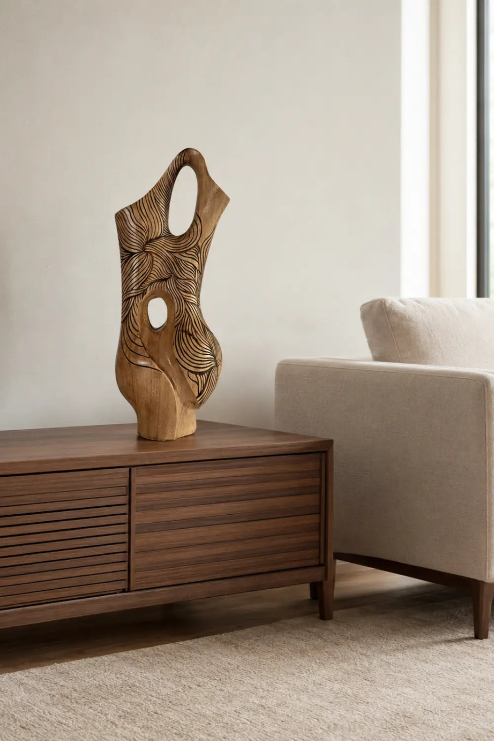 Hand-Carved Abstract Wooden Vase For Modern Home Decor And Living Rooms