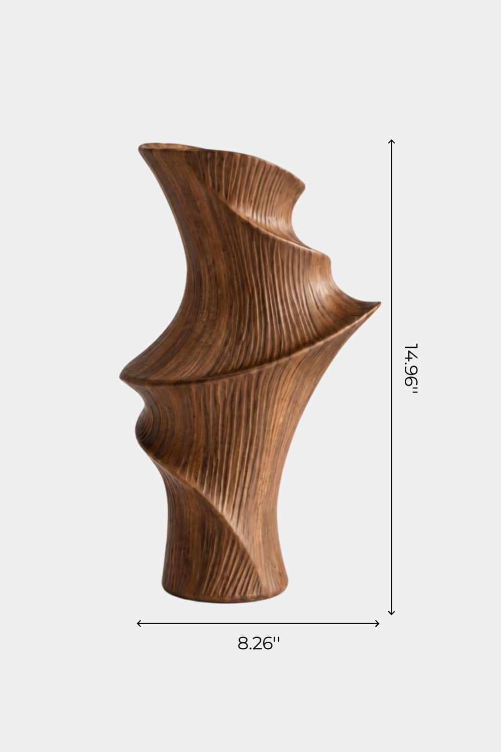 Twisted Fluted Wooden Vase Sculpture | Striated Spiral Vessel Accent Decor