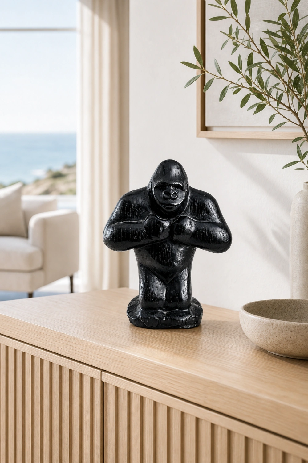 Hand Carved Gorilla Wood Sculpture - Modern Animal Desk Decor For Home Office