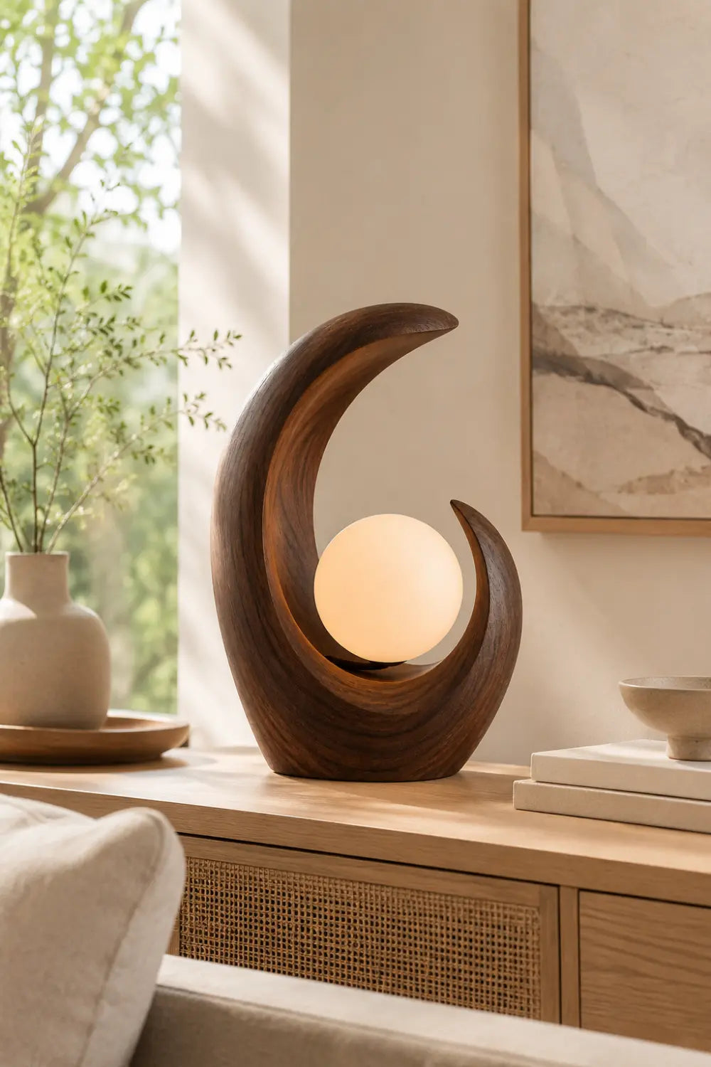 Modern Crescent Wood Table Lamp | Abstract Curved Wave Desk Light For Space Decor