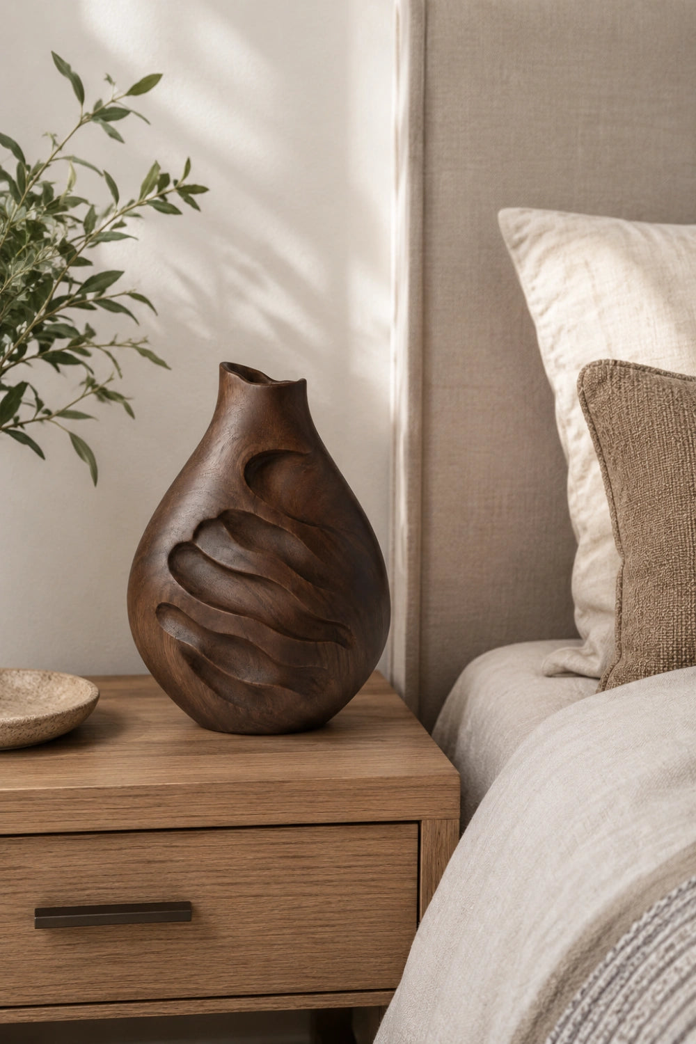 Modern Rustic Wooden Vase Unique Asymmetrical Gourd Shape Sculpture Accent Piece