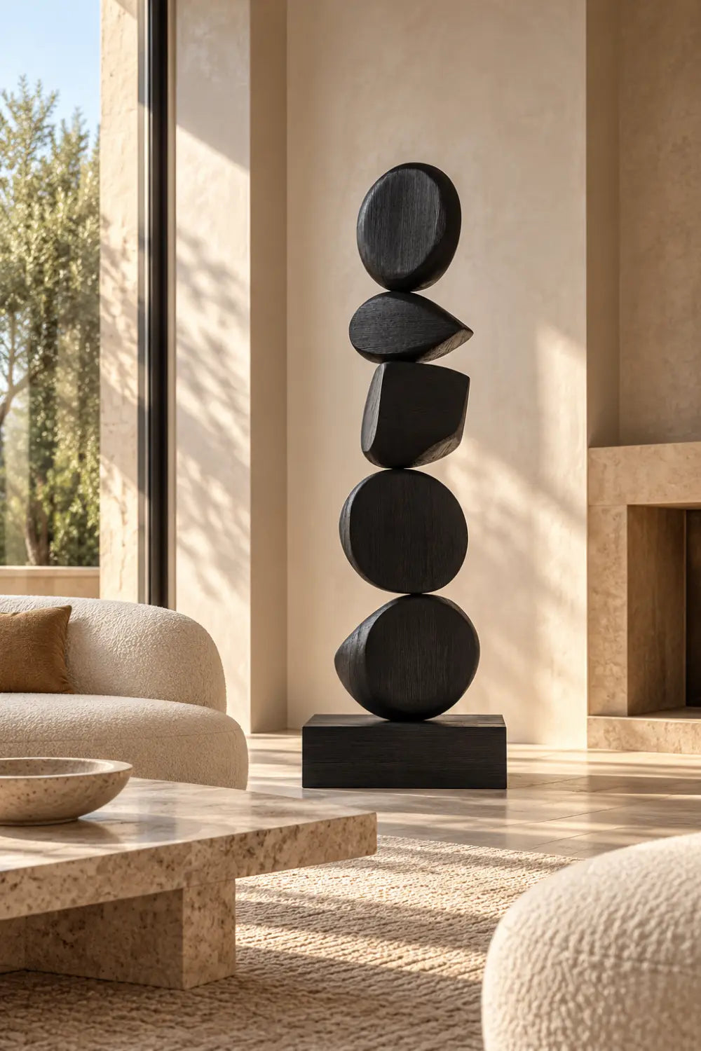 Large Black Abstract Wood Sculpture For Modern Minimalist Home Decor