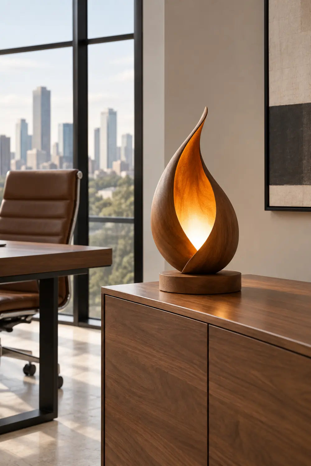 Sculptural Flame Wood Table Lamp | Aesthetic Ambient Light For Living Space