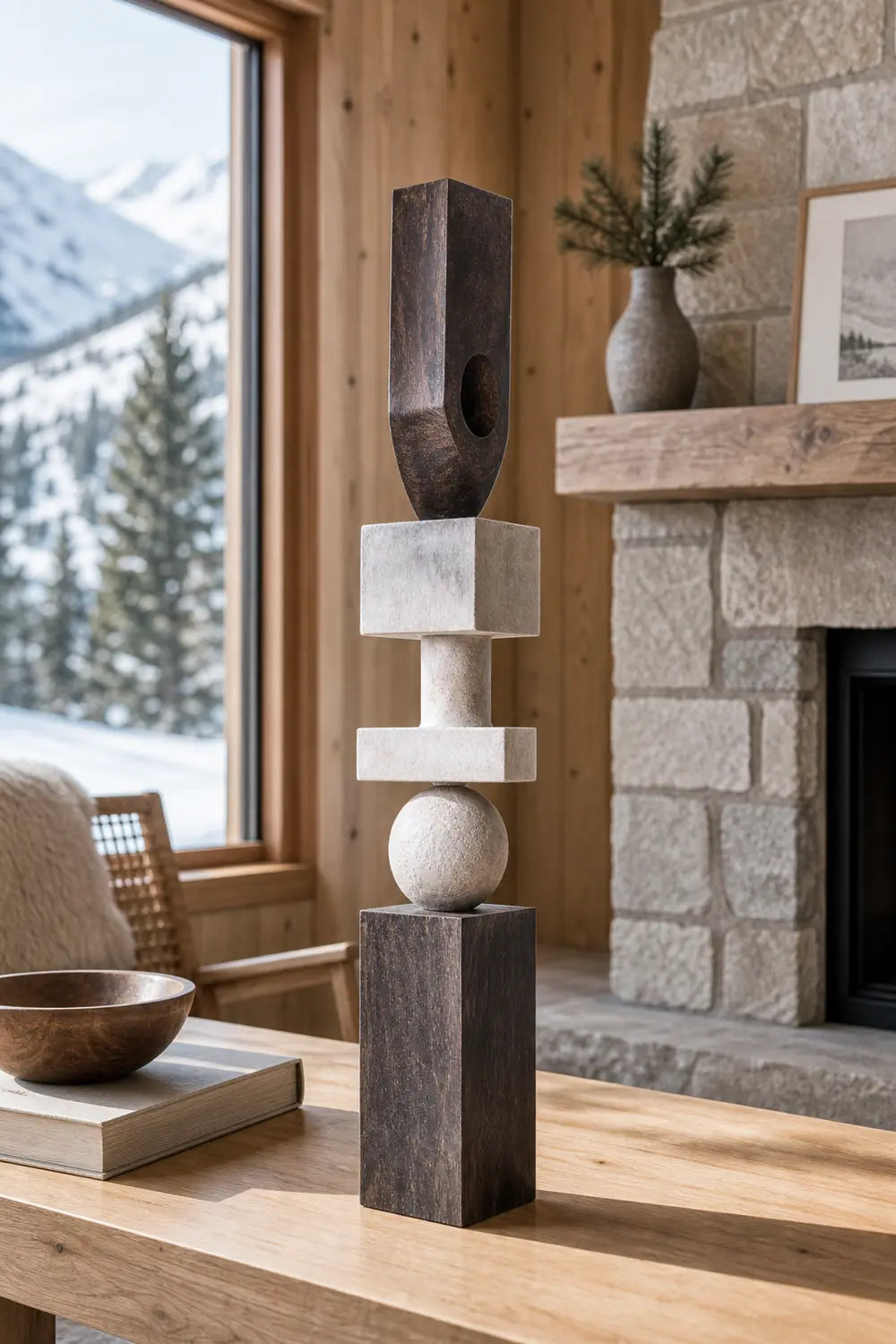 Large Abstract Wooden Sculpture For Modern Minimalist Living Room Decor And Art