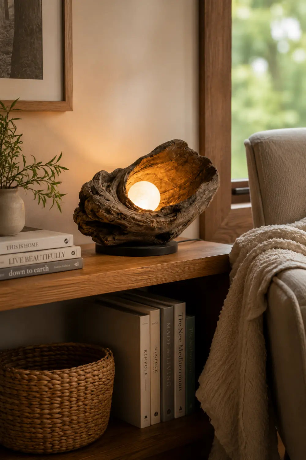 Handcrafted Weathered Driftwood Table Sculptural Wooden Lamp With Warm Glow For Modern Home Decor