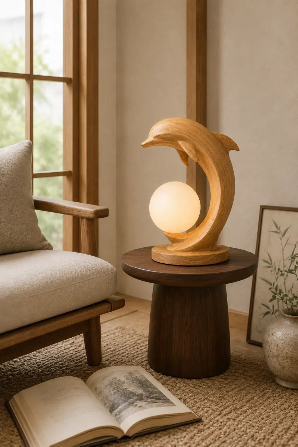 Natural Wood Dolphin Sculpture Lamp With Warm Light For Bedroom Or Study Desk Decoration