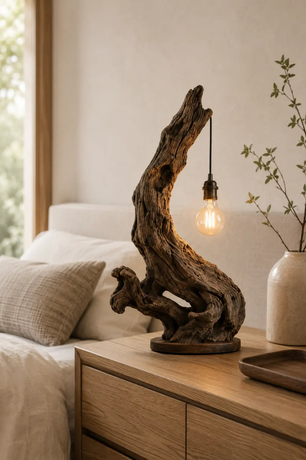 Natural Reclaimed Wood Log Table Lamp | Exposed Filament Bulb Lantern For Space Decor