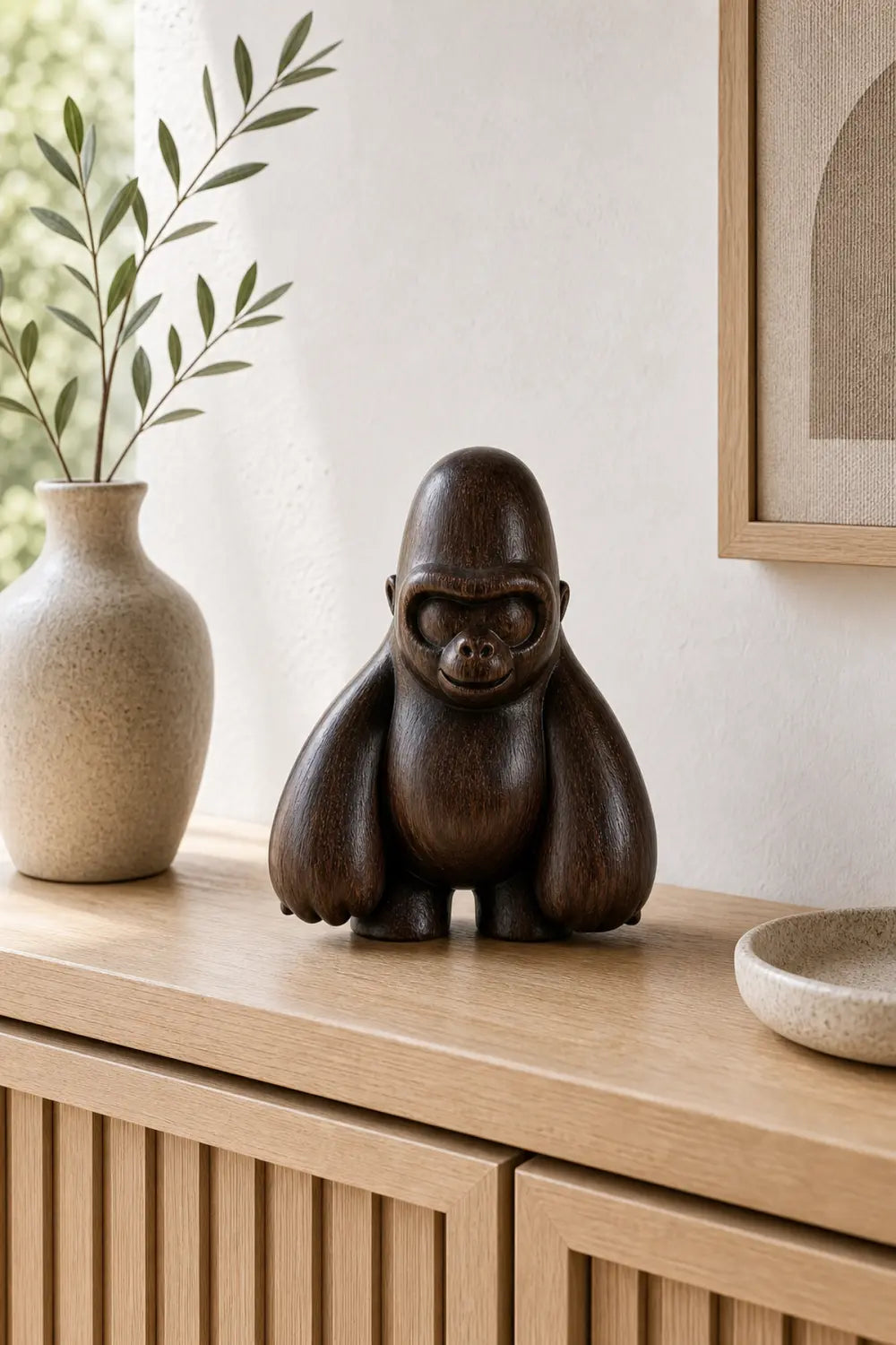 Hand-Carved Walnut Gorilla Sculpture For Modern Home Decor And Minimalist Interior Design