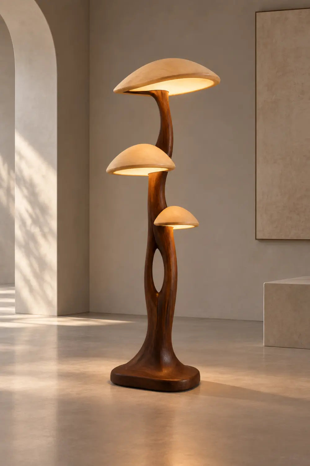 Hand-Carved Wooden Floor Lamp With Mushroom Shades For Modern Living Rooms