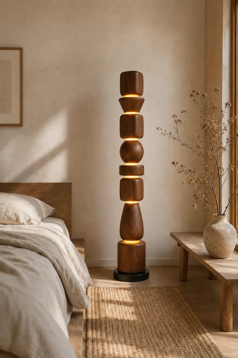 Sculptural Wooden Lamp Abstract Geometric Totem Style Lighting Fixture For Luxury Home Interiors