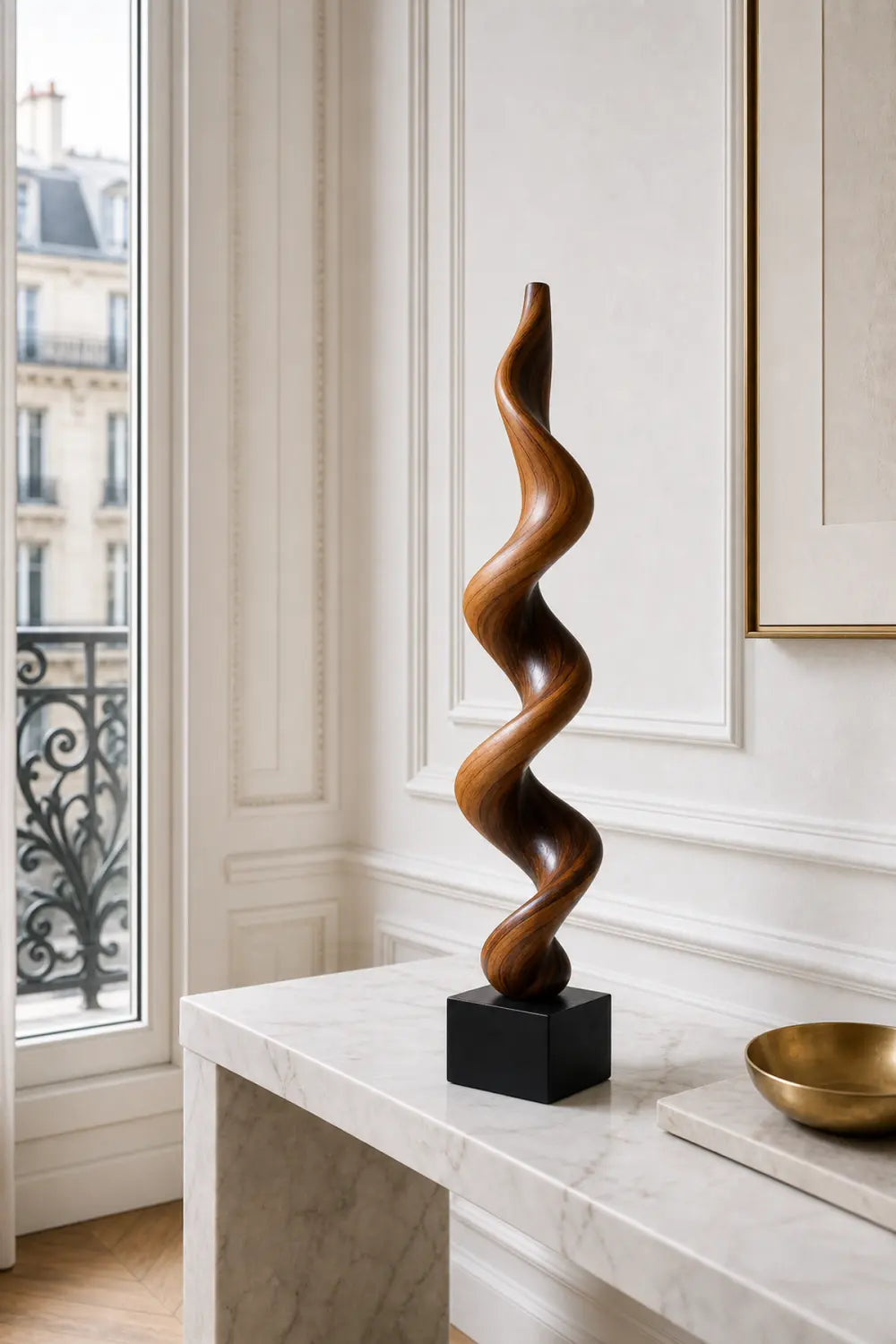 Large Hand-Carved Walnut Wood Spiral Sculpture For Modern Abstract Home Decor