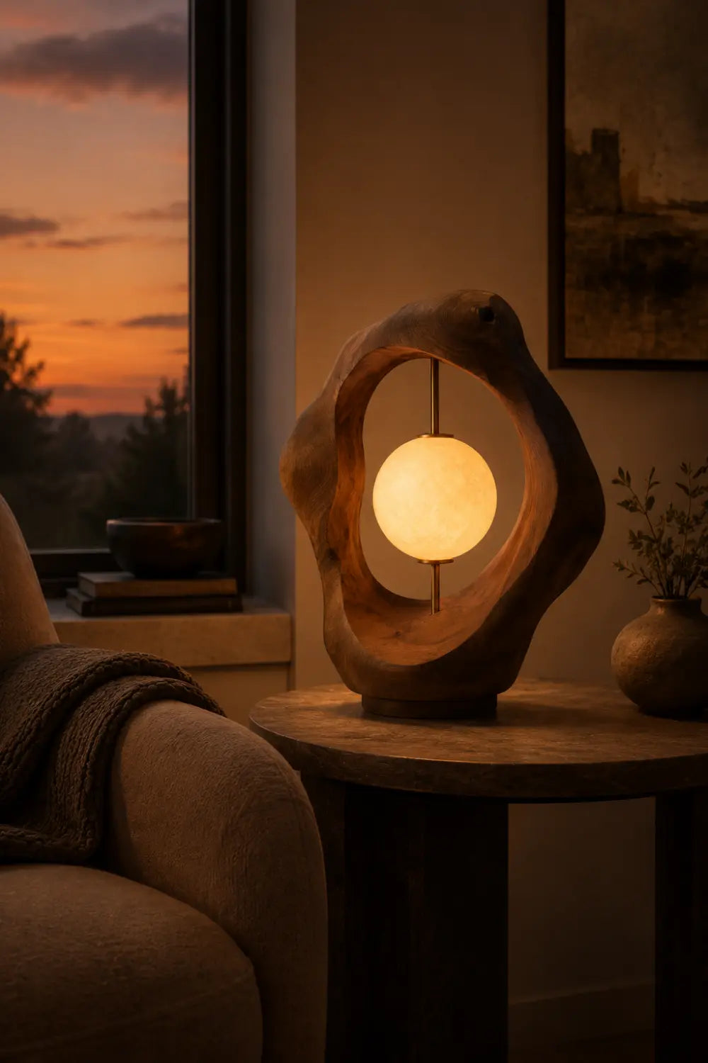 Biomorphic Wood Loop Table Lamp | Abstract Fluid Halo Desk Light For Space Decor