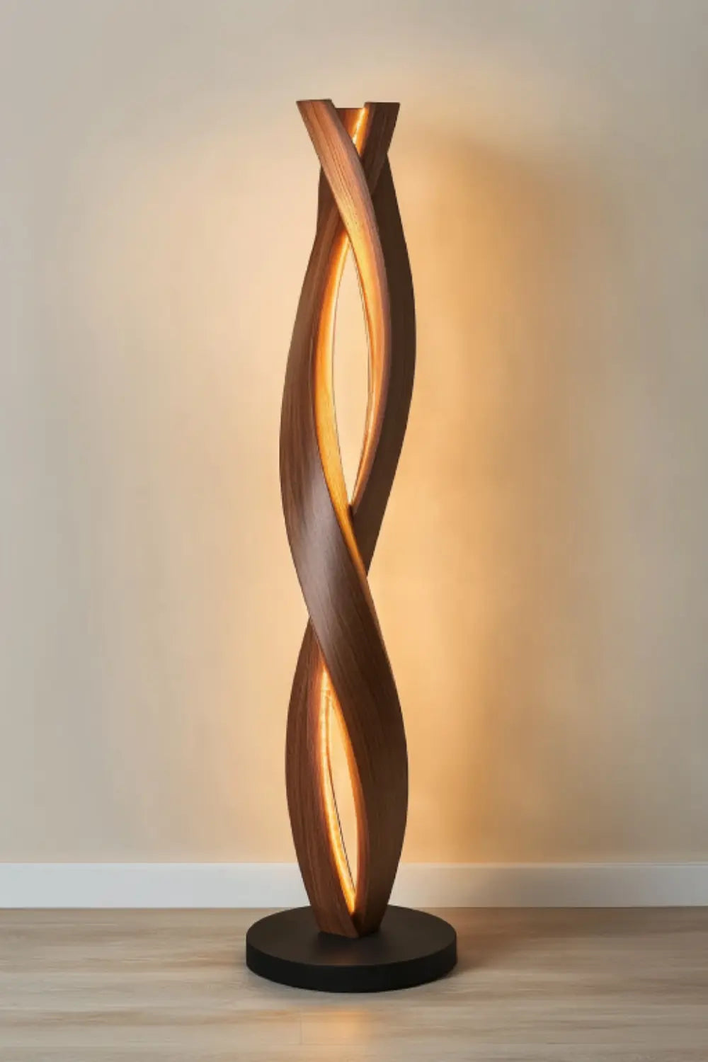 Handcrafted Walnut Floor Lamp With Spiraling Abstract Form For Modern Living Rooms