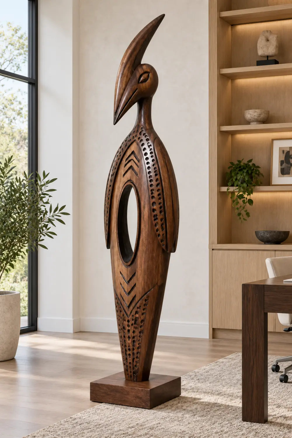 Large Abstract Wooden Bird Statue Modern Floor Sculpture For Home Office