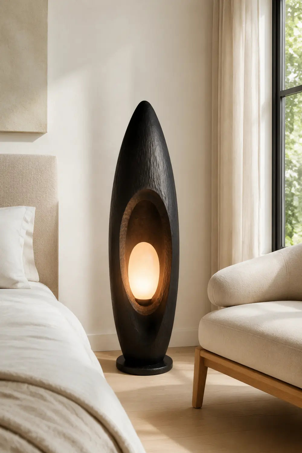 Hand Carved Walnut Floor Lamp Modern Abstract Wood Light Fixture For Living Room Decor