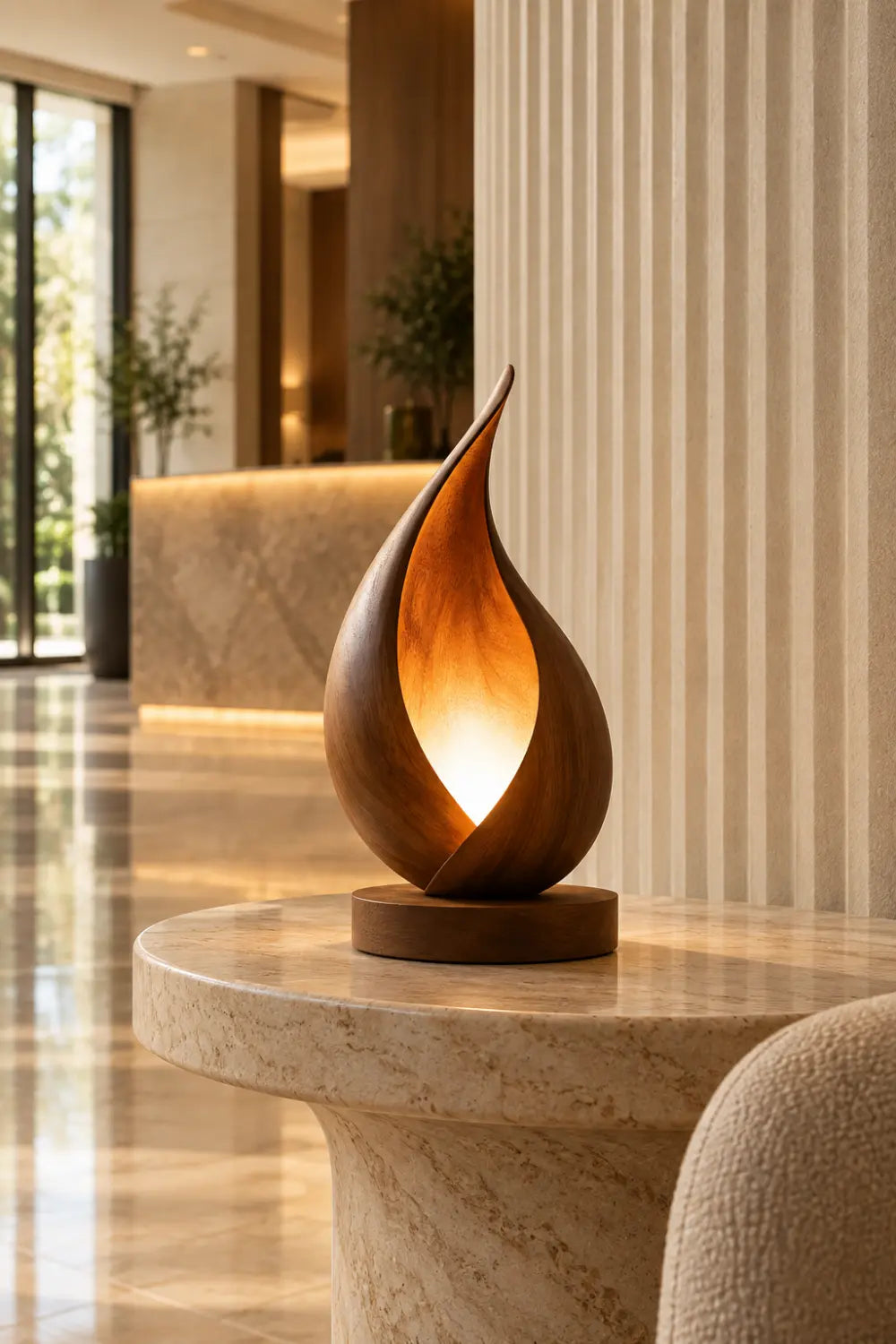 Sculptural Flame Wood Table Lamp | Aesthetic Ambient Light For Living Space