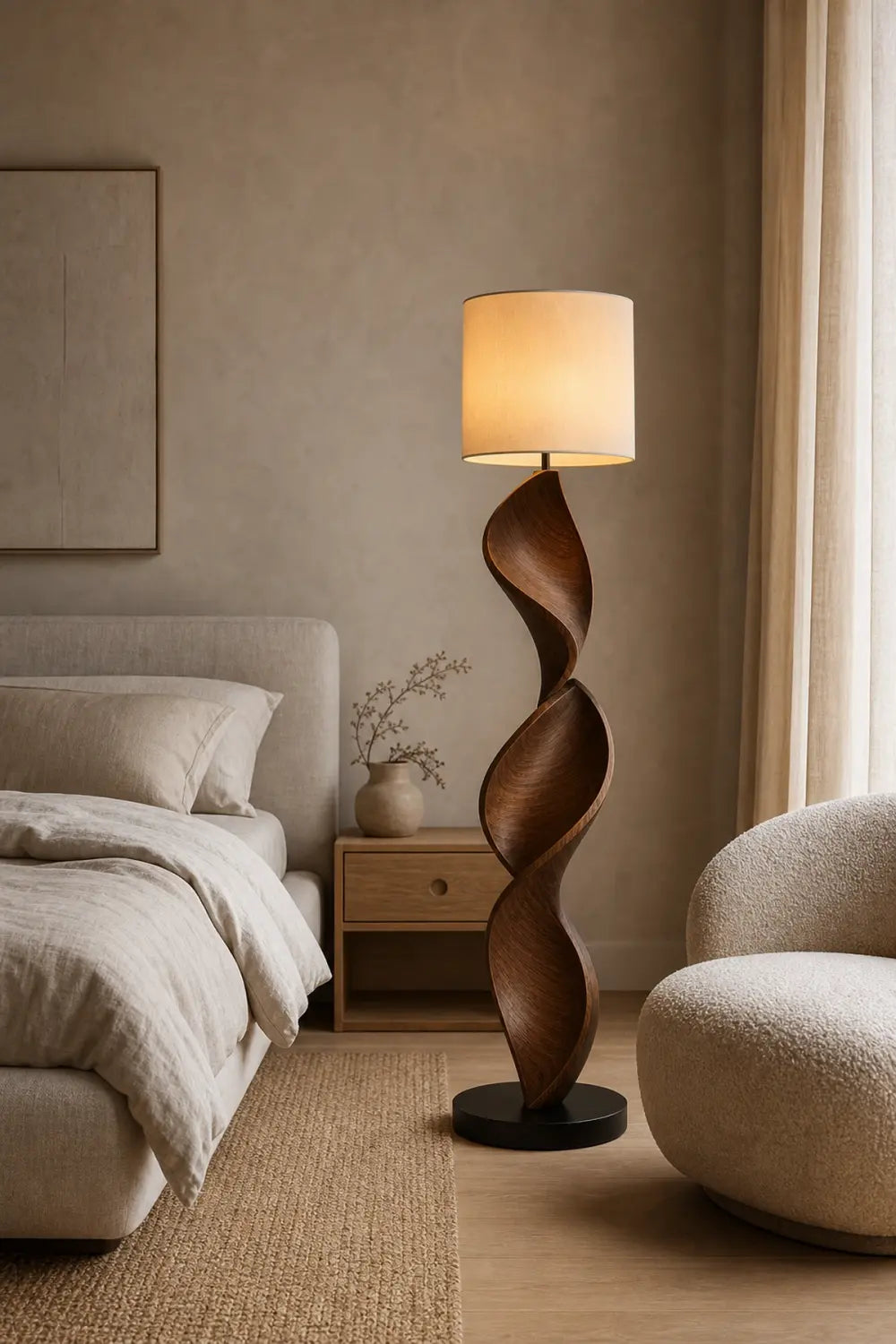 Sculptural Spiral Wood Lamp Handcarved From Premium Walnut For High End Interior Decor