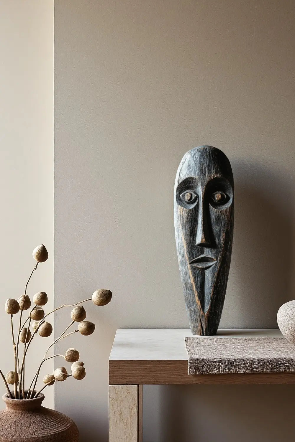 African Tribal Wooden Face Sculpture Wall Hanging Freestanding Ethnic Art Décor