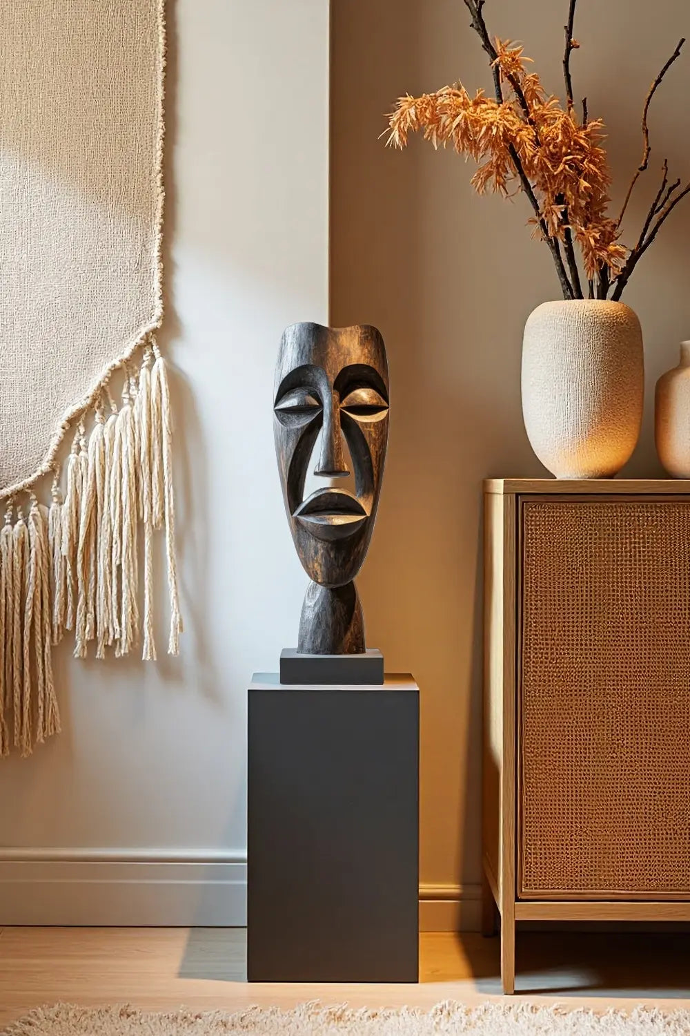 African Tribal Wooden Head Sculpture – Hand-Carved Abstract Cultural Art Décor