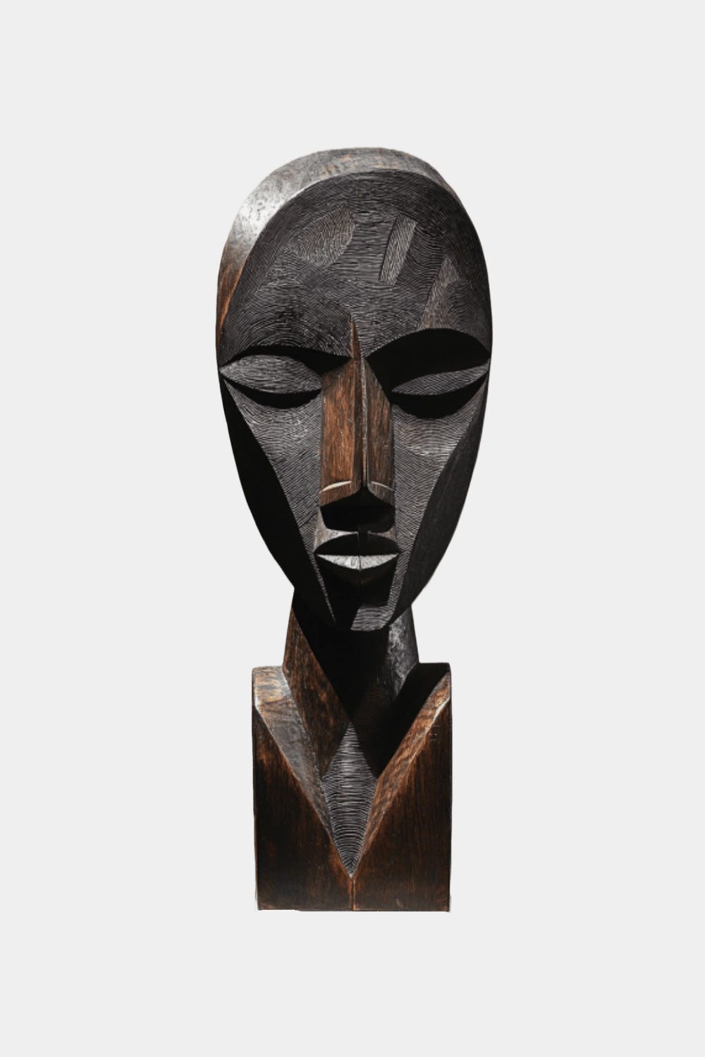 African Tribal Geometric Wooden Head Sculpture – Hand-Carved Ethnic Art Décor