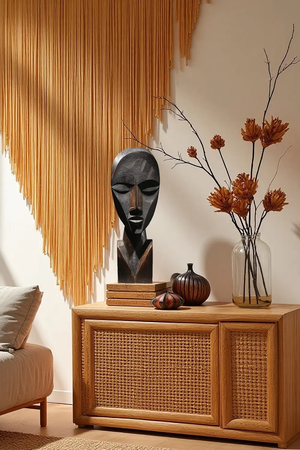 African Tribal Geometric Wooden Head Sculpture – Hand-Carved Ethnic Art Décor