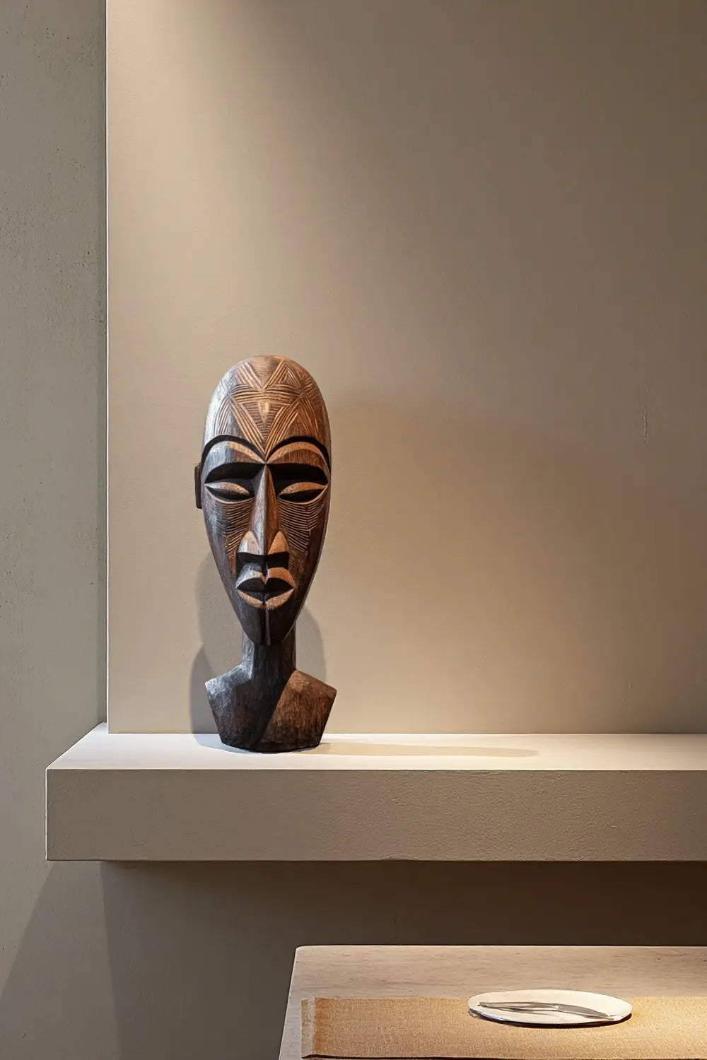 Carved African Tribal Wooden Head Sculpture – Ethnic Mask-Inspired Decorative Art