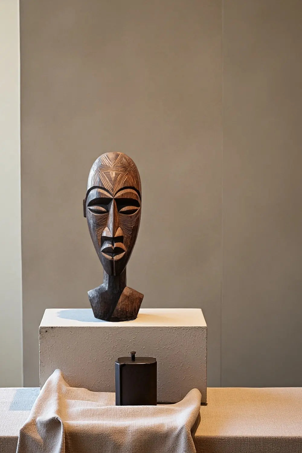 Carved African Tribal Wooden Head Sculpture – Ethnic Mask-Inspired Decorative Art