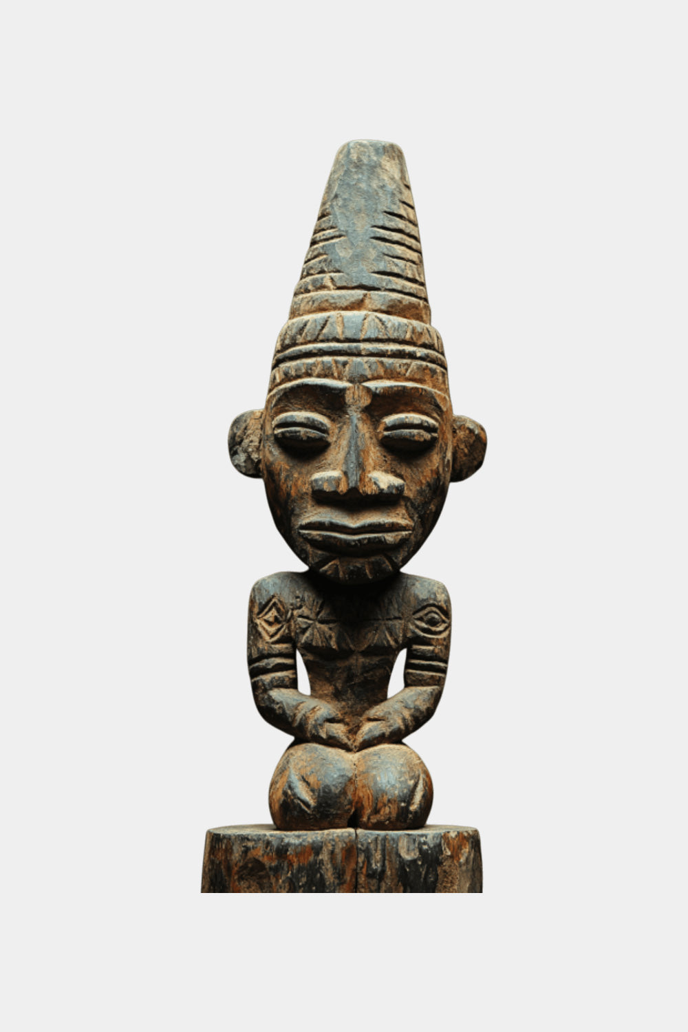 African Tribal Wooden Seated Figure Hand-Carved Floor Sculpture Ethnic Art