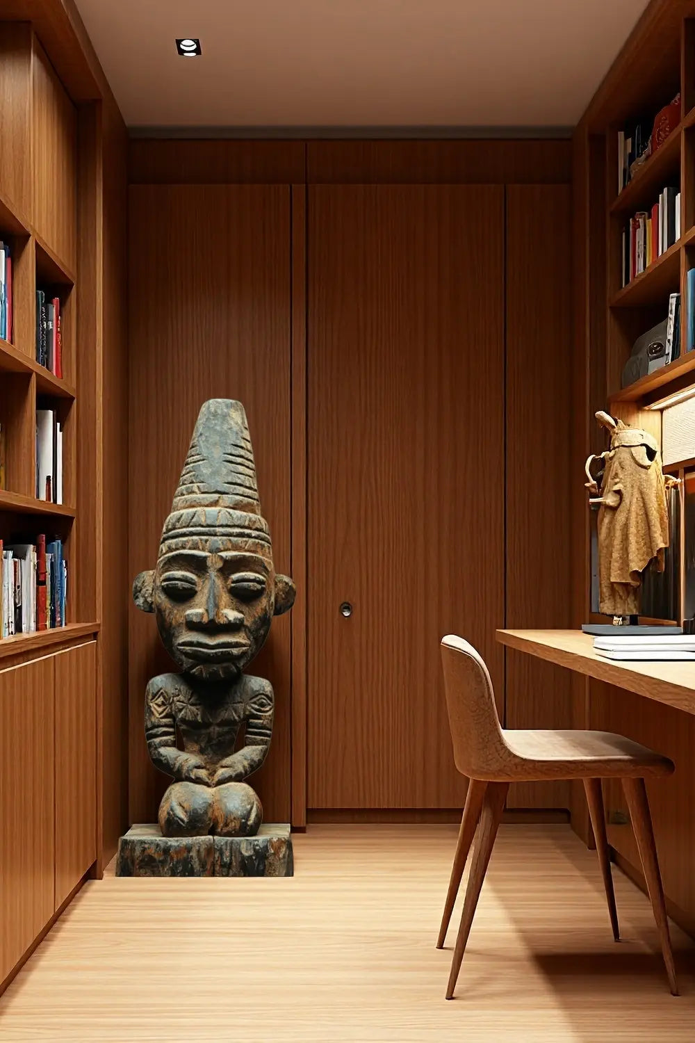 African Tribal Wooden Seated Figure Hand-Carved Floor Sculpture Ethnic Art