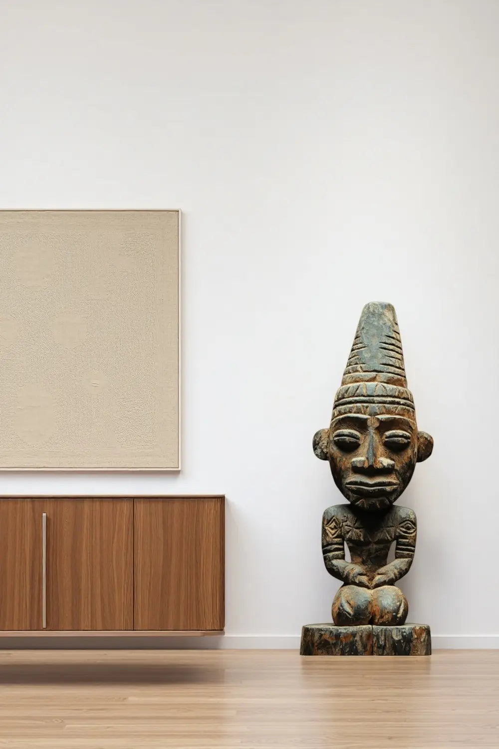 African Tribal Wooden Seated Figure Hand-Carved Floor Sculpture Ethnic Art