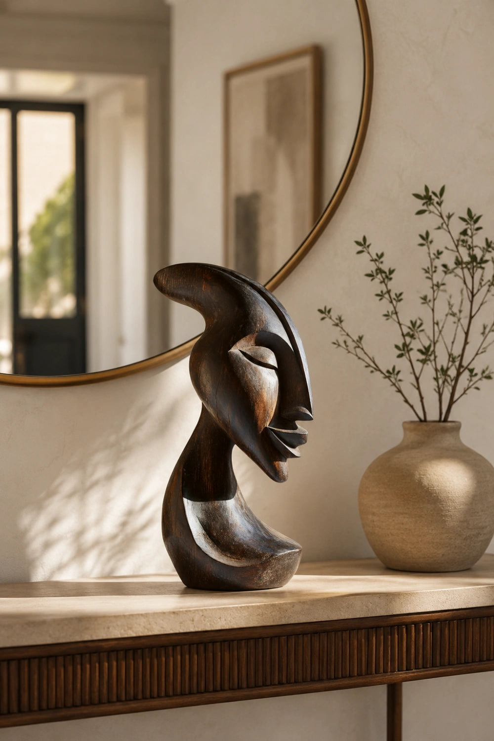 African Inspired Wooden Figure Statue | Mid-Century Modern Tabletop Decor