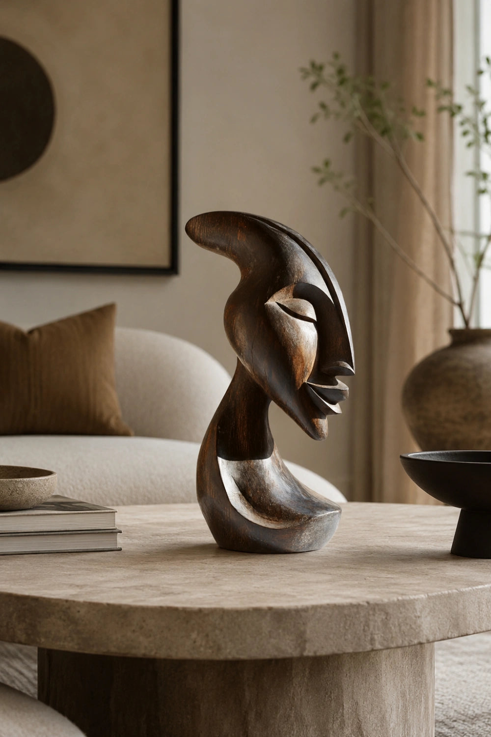 African Inspired Wooden Figure Statue | Mid-Century Modern Tabletop Decor