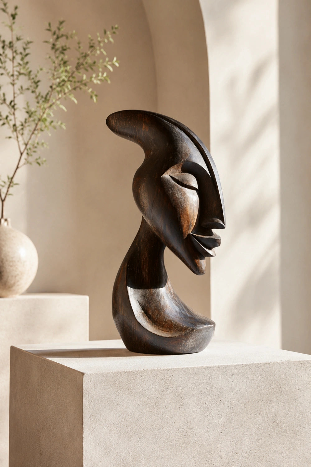 African Inspired Wooden Figure Statue | Mid-Century Modern Tabletop Decor