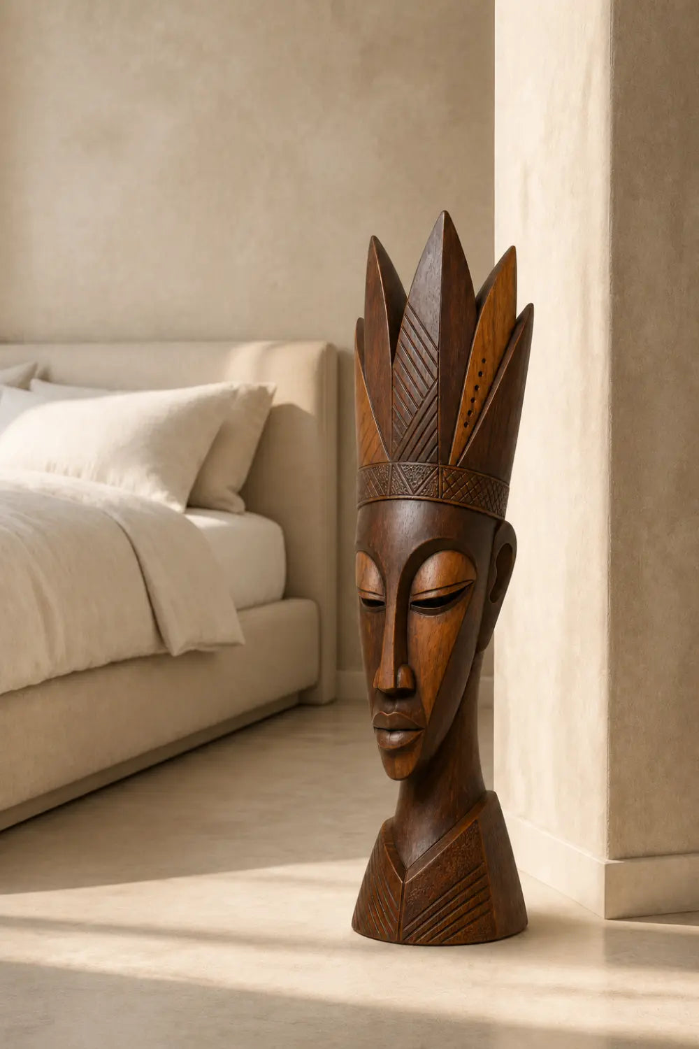 Carved Wood Floor Sculpture | Tall Aesthetic Head Statue for Living Space