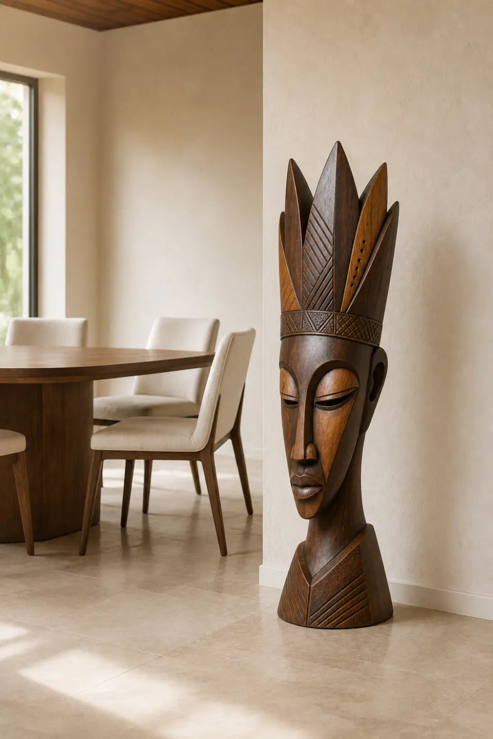 Carved Wood Floor Sculpture | Tall Aesthetic Head Statue for Living Space