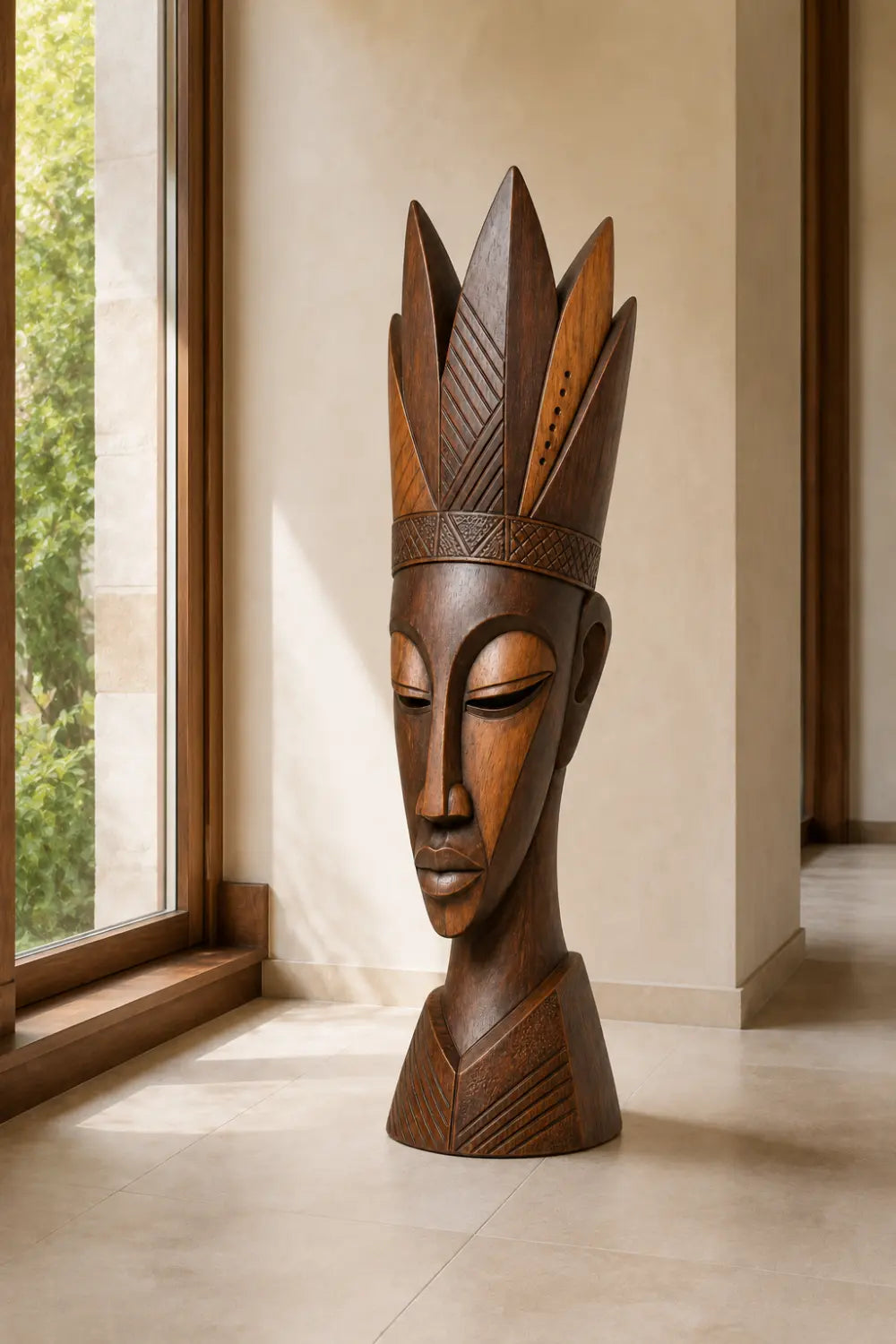 Carved Wood Floor Sculpture | Tall Aesthetic Head Statue for Living Space