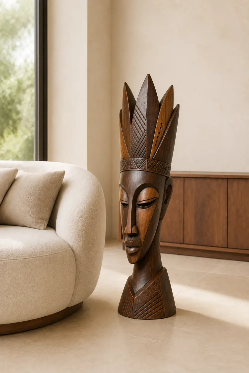 Carved Wood Floor Sculpture | Tall Aesthetic Head Statue for Living Space