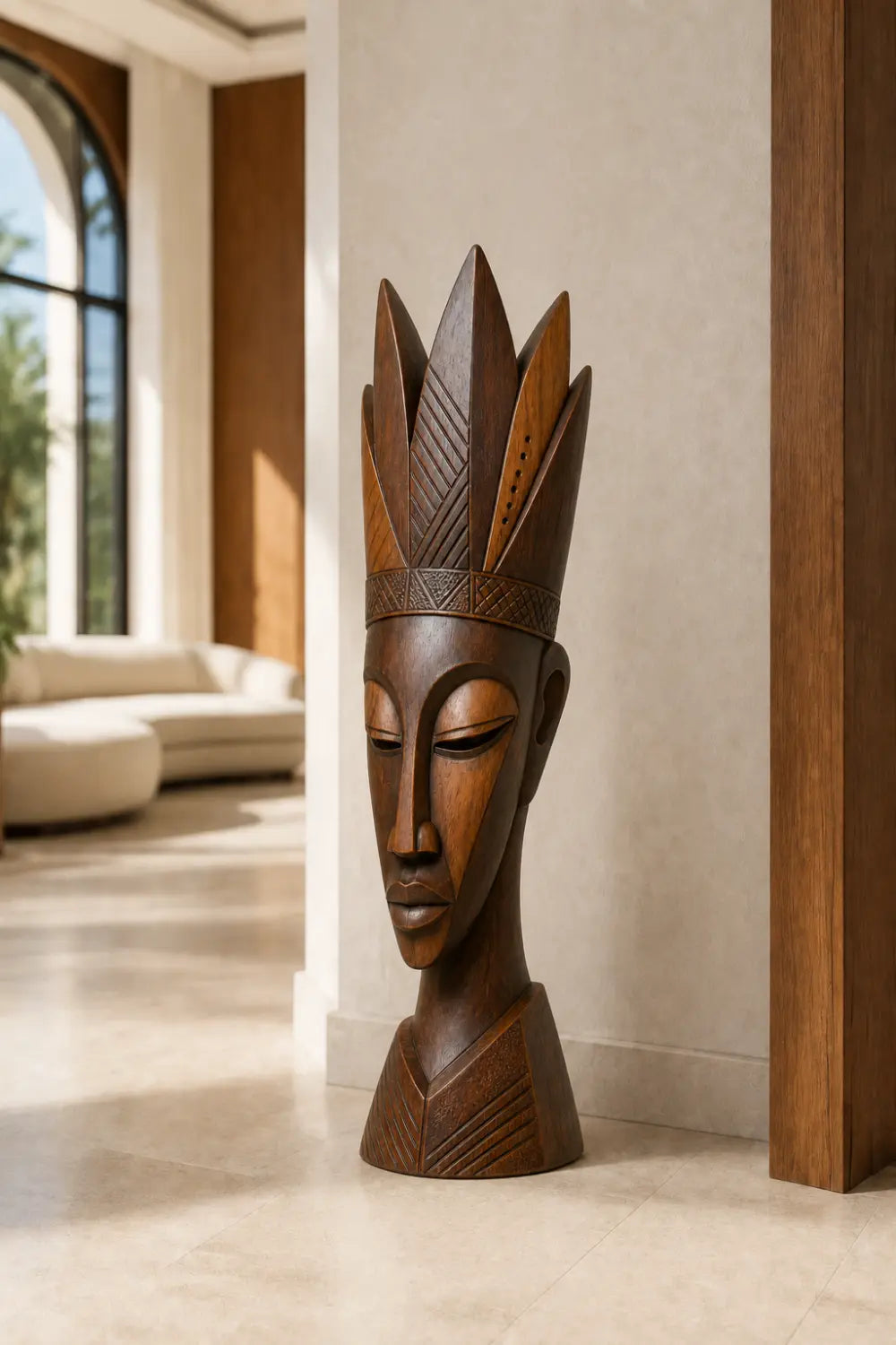 Carved Wood Floor Sculpture | Tall Aesthetic Head Statue for Living Space