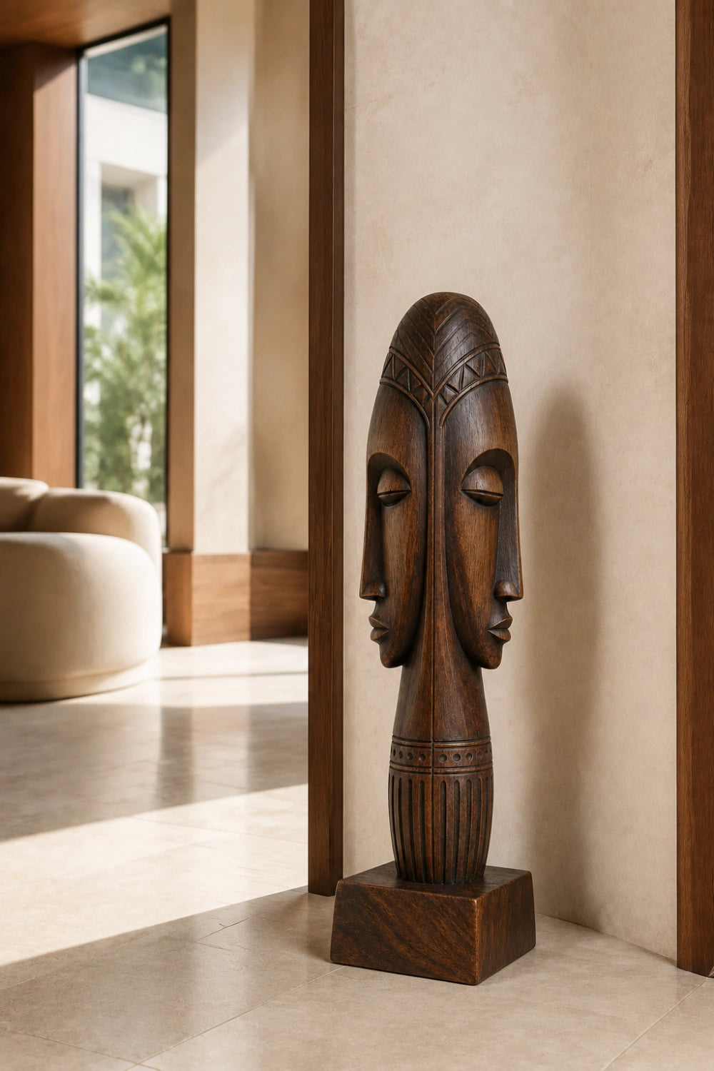 Dual Face Wooden Floor Sculpture | Aesthetic Standing Statue for Living Space