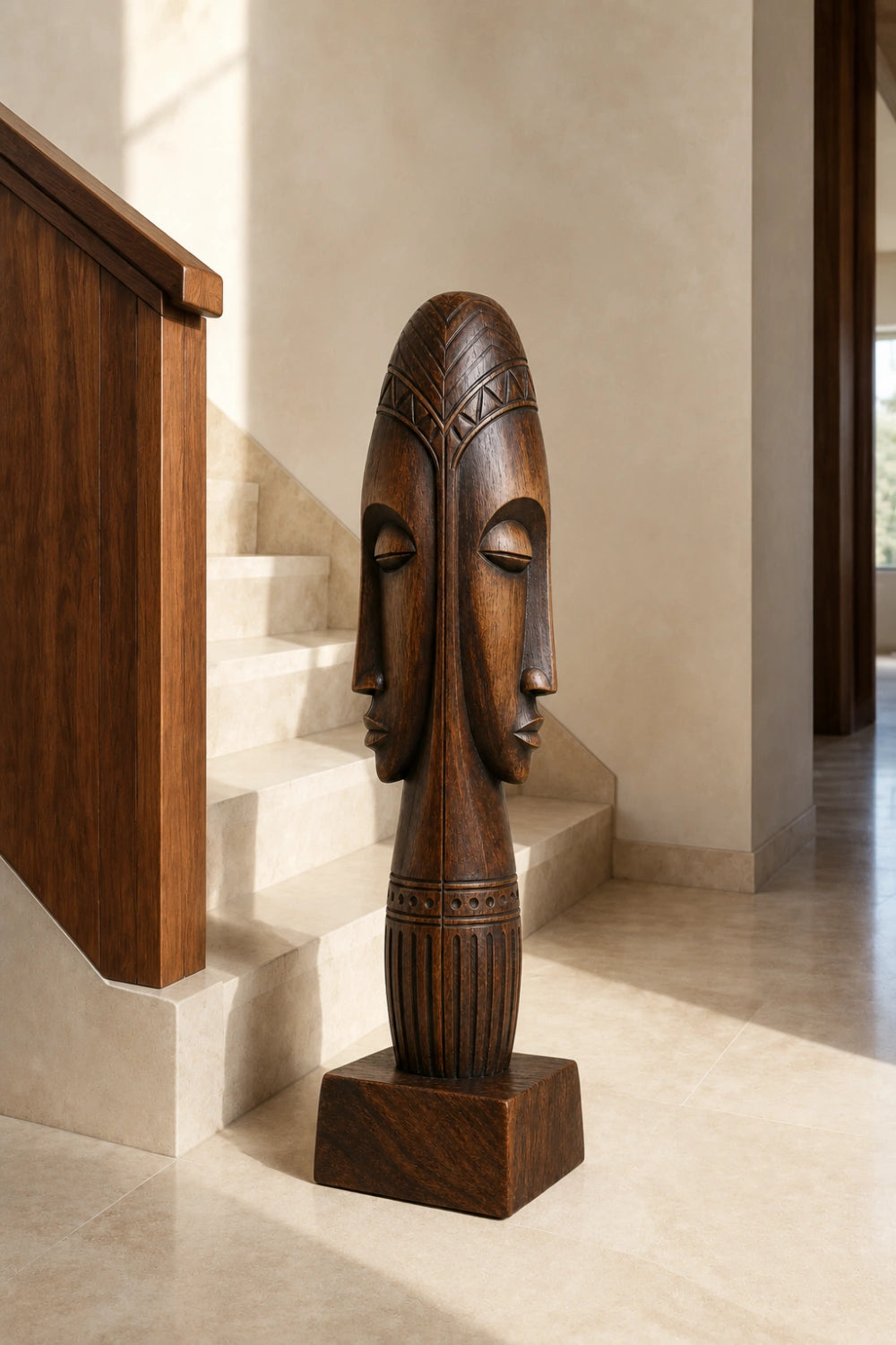 Dual Face Wooden Floor Sculpture | Aesthetic Standing Statue for Living Space