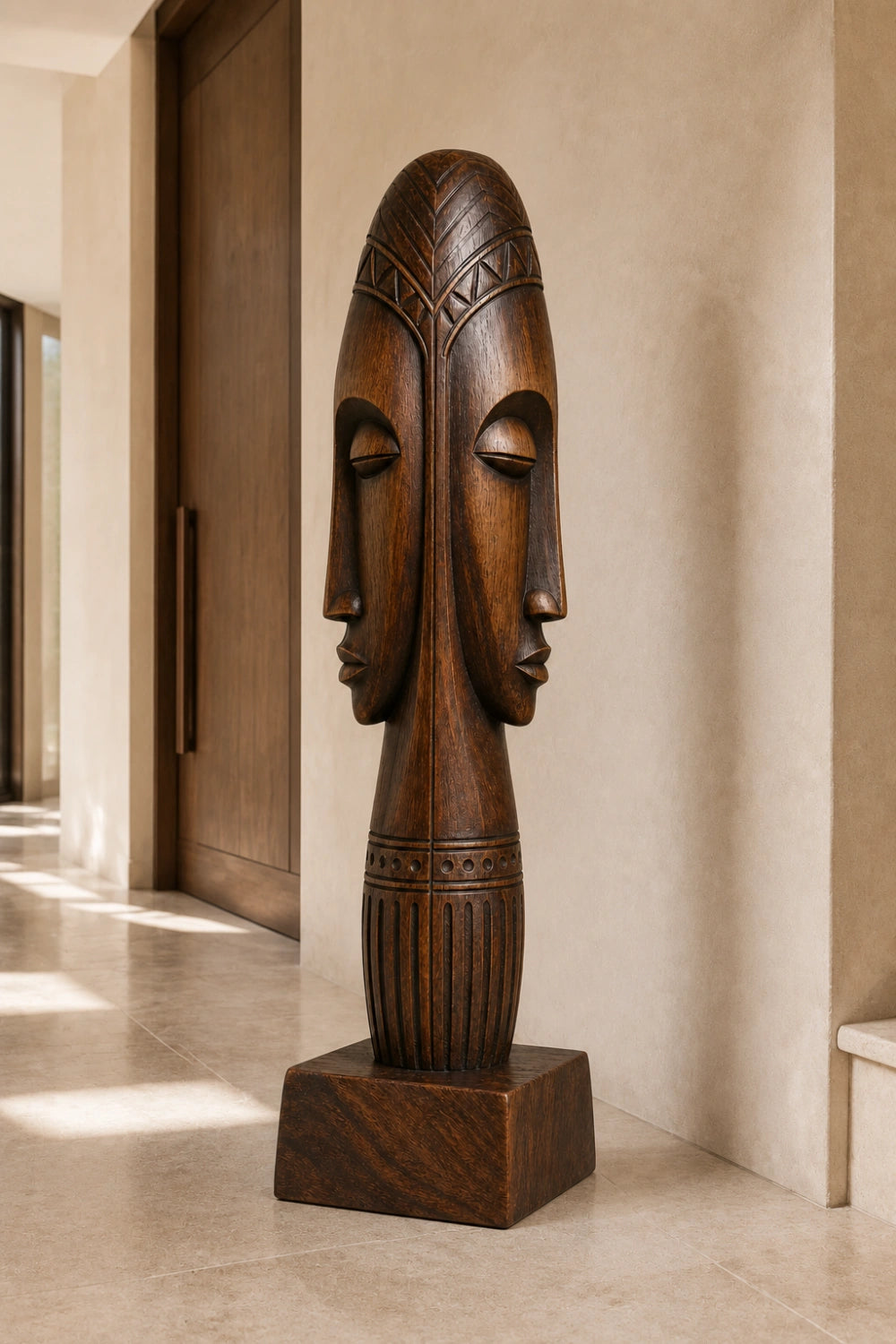 Dual Face Wooden Floor Sculpture | Aesthetic Standing Statue for Living Space
