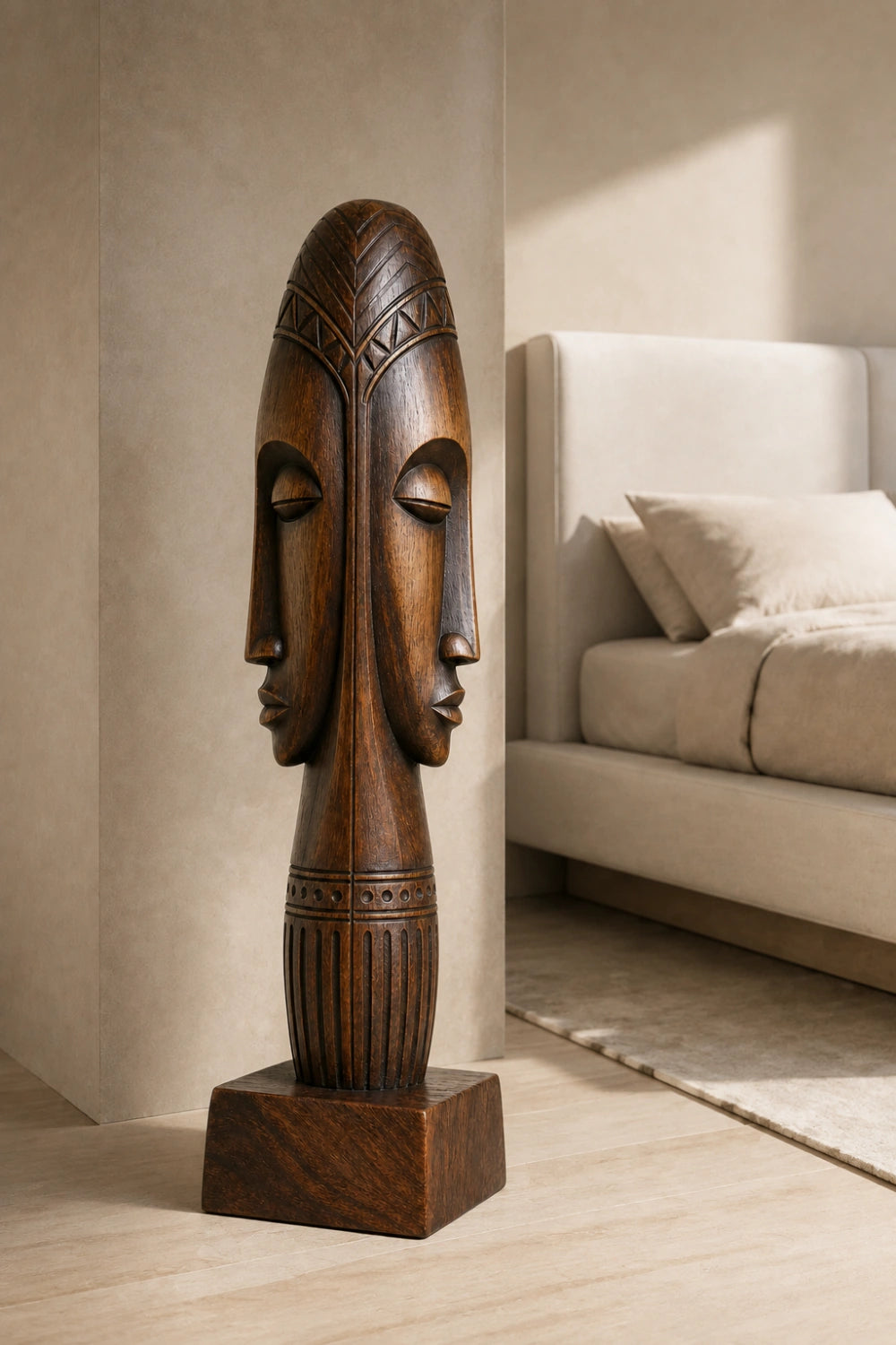 Dual Face Wooden Floor Sculpture | Aesthetic Standing Statue for Living Space