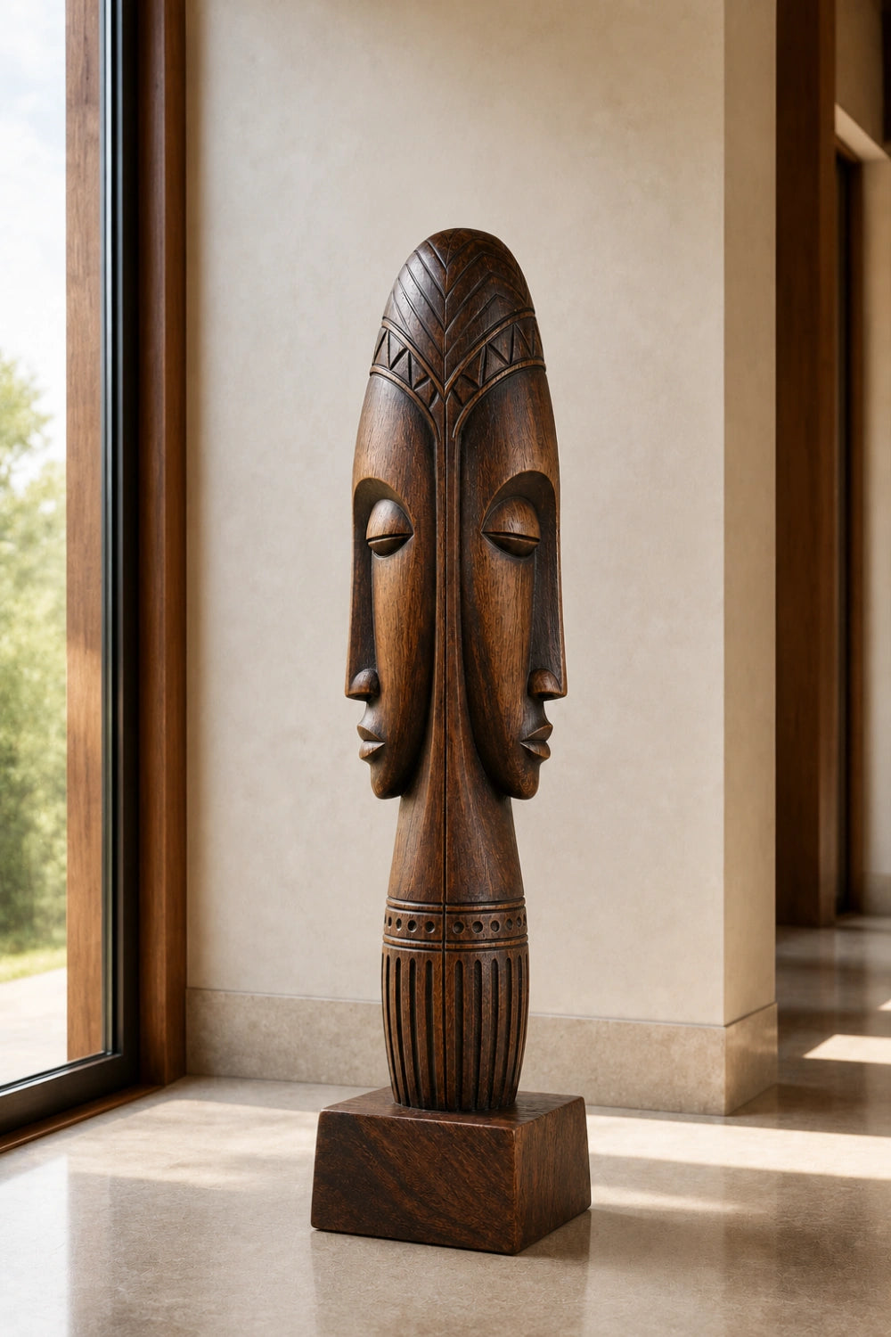 Dual Face Wooden Floor Sculpture | Aesthetic Standing Statue for Living Space